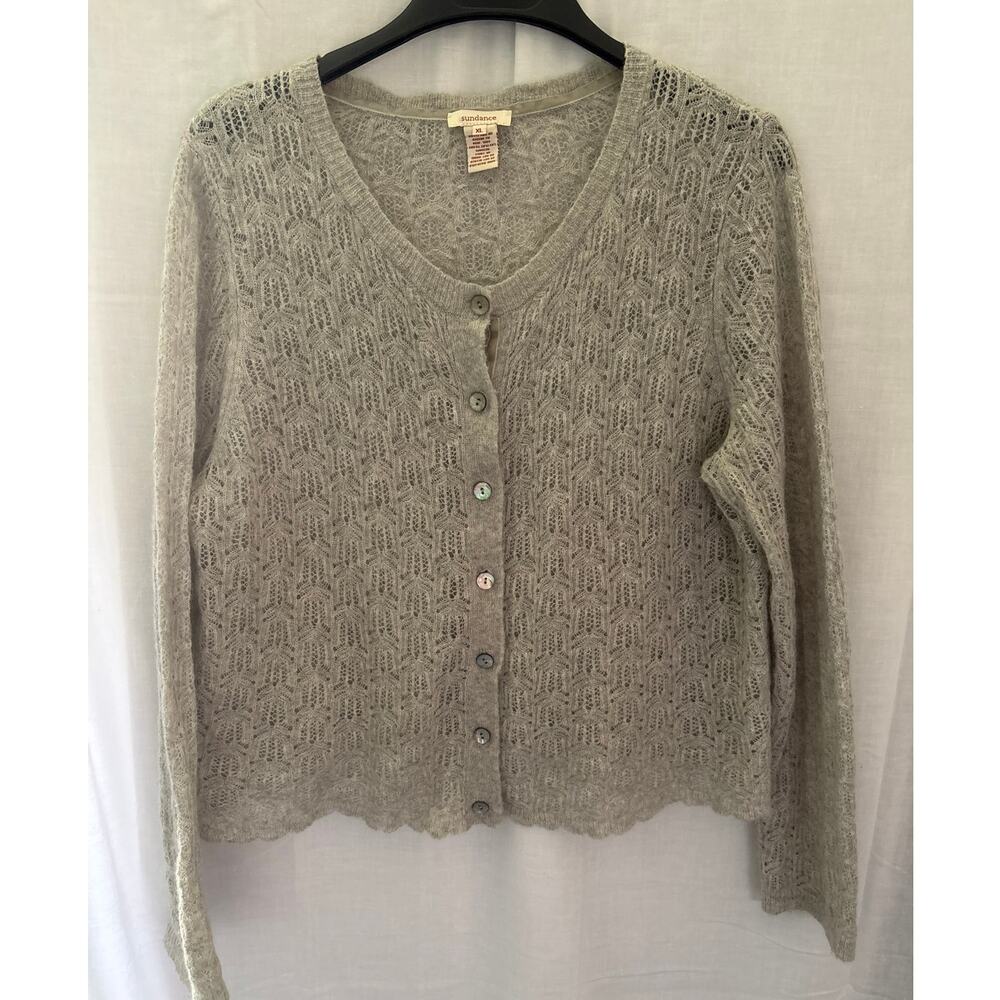 Sundance Gray Knit Cardigan Women Size XL Mohair Merino Wool Crochet Knit